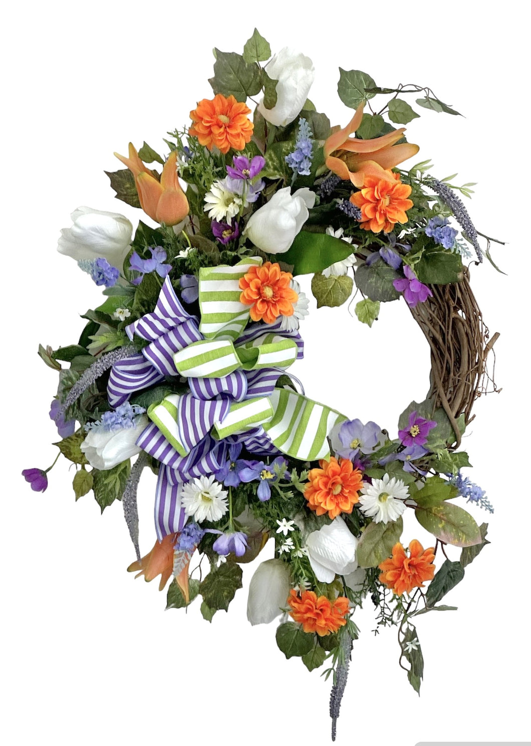 Orange, Purple and White Silk Floral Spring Tulip Wreath/Eng202 - April's Garden