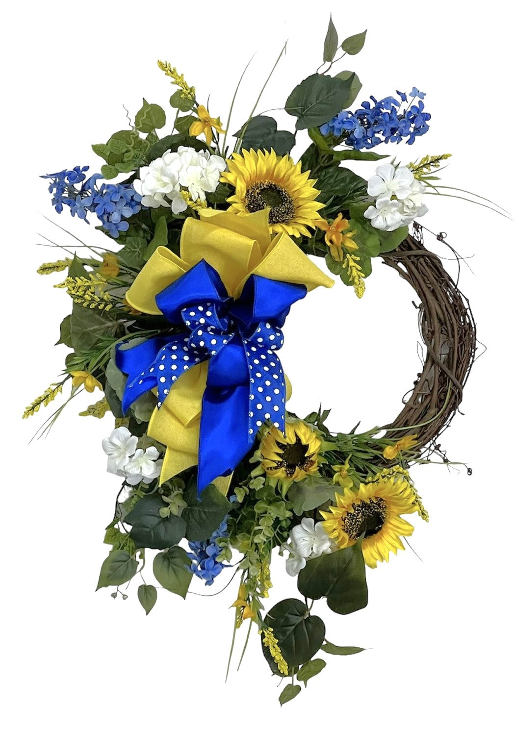 Gold Sunflower with Blue Lilac Silk Floral Petite Spring Summer Crescent Wreath/Eng303 - April's Garden