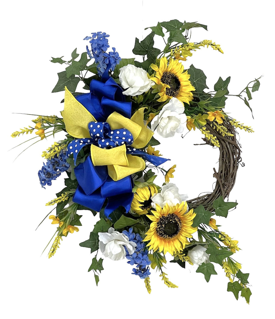 Gold Sunflower with Blue Lilac Silk Floral Petite Spring Summer Crescent Wreath/Eng304