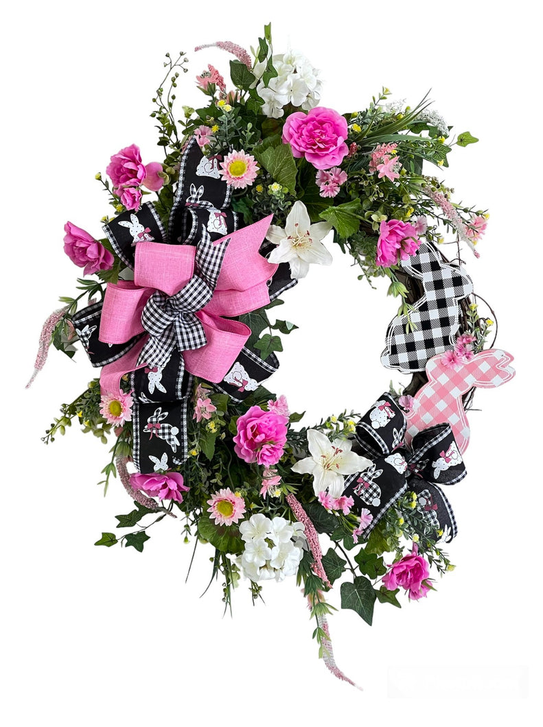 Pink Camellia and Cream Lily Bunny Wreath/ENG328 - April's Garden