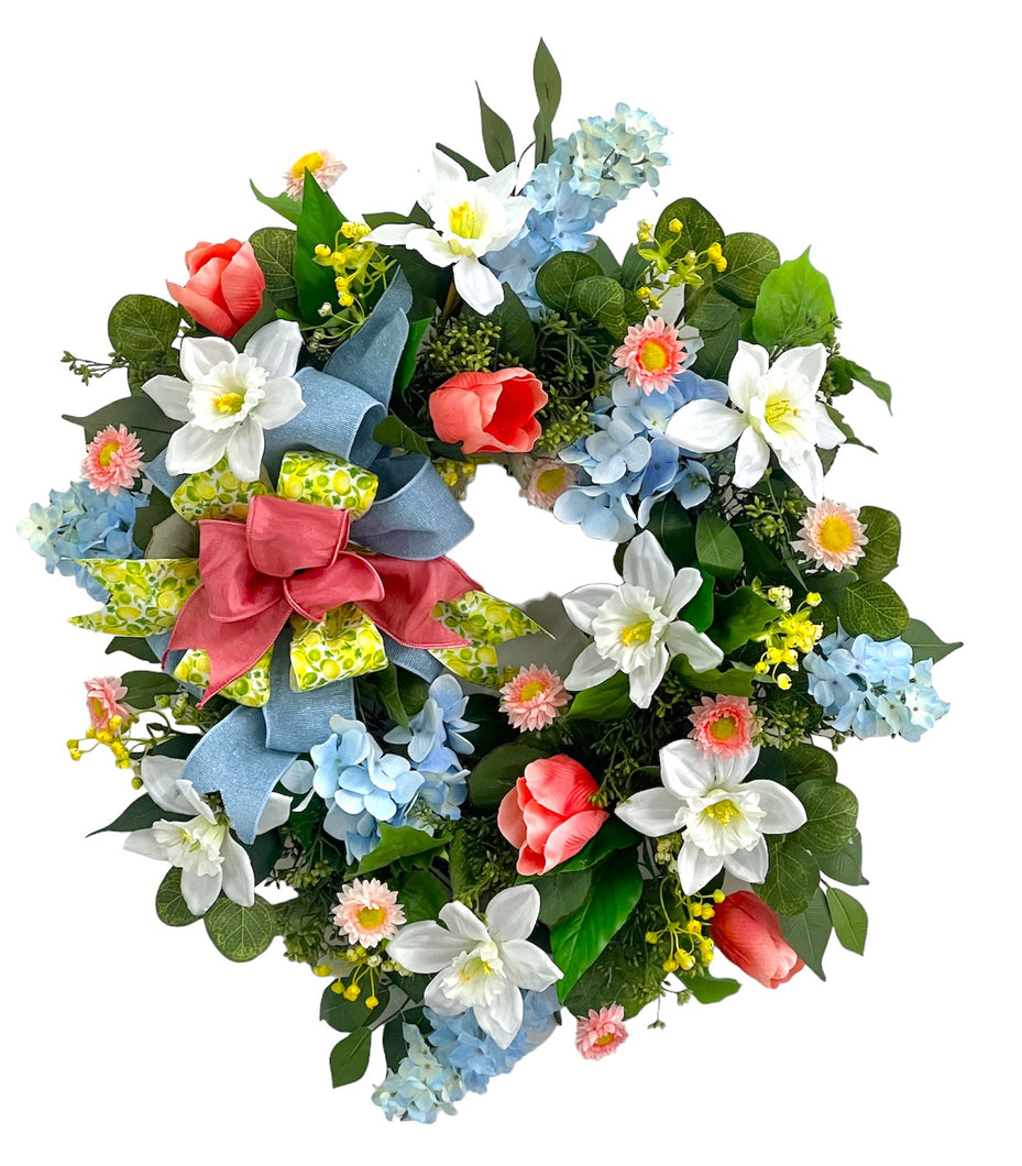 Blue, White, Coral Spring Wreath/ENG384 - April's Garden
