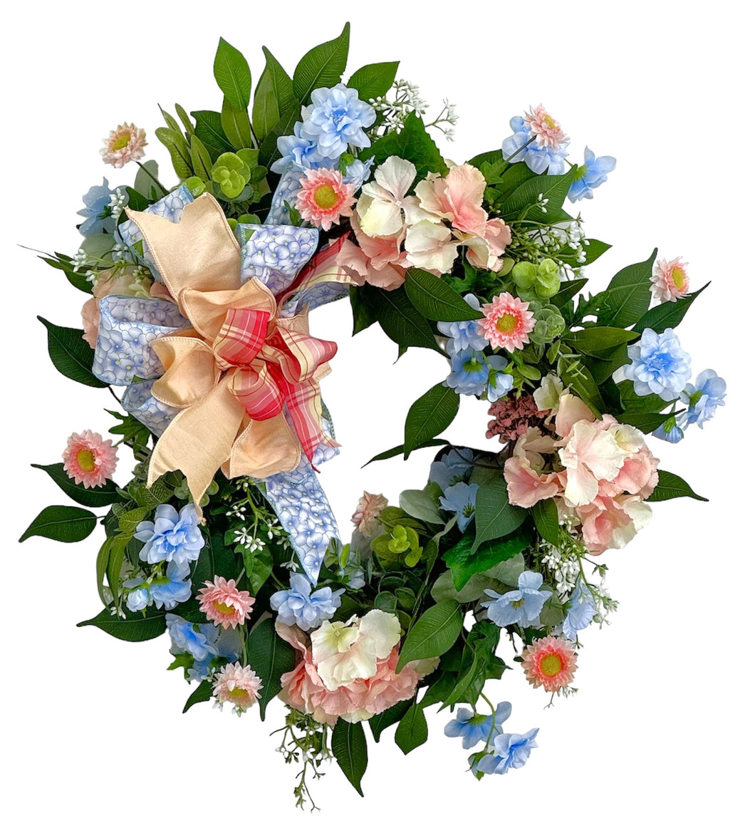 Peach, Blue and a Pop of Pink Wreath/ENG389 - April's Garden