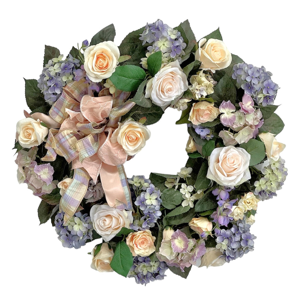 Peach and Lavender Silk Floral Spring Wreath/ENG42 - April's Garden