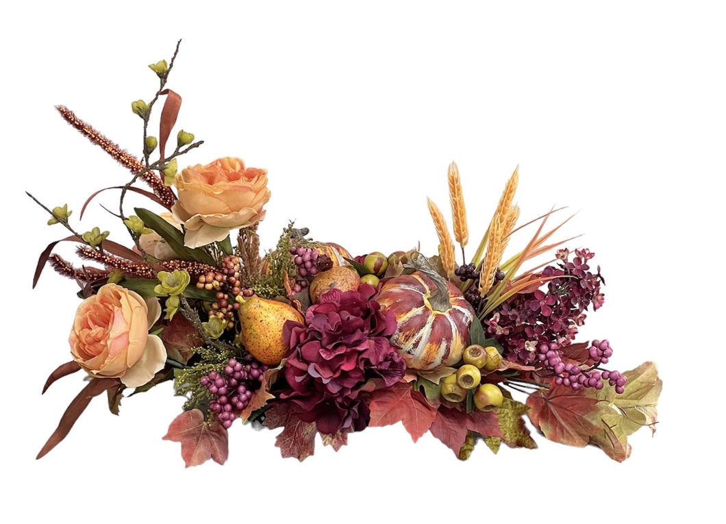 Peach, Berry/Burgundy Long and Low Centerpiece/FAA35 - April's Garden