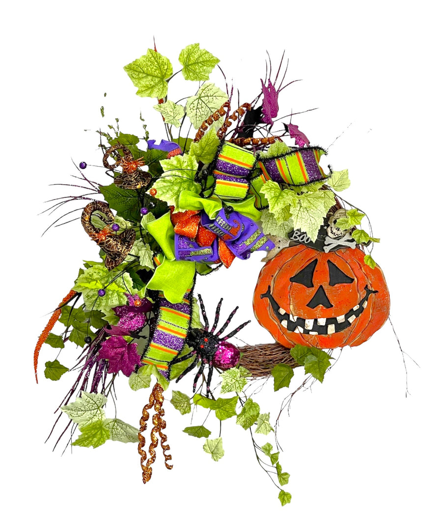 Orange Jack-O-Lantern Halloween Wreath/HAL46 - April's Garden
