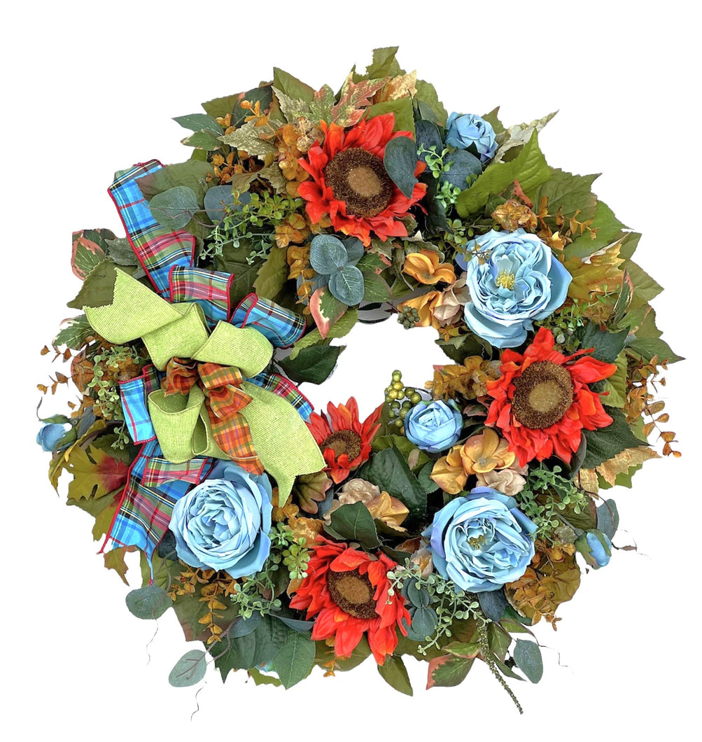 Orange Sunflower and Aqua Open Rose Silk Floral Fall Wreath/HARV166 - April's Garden