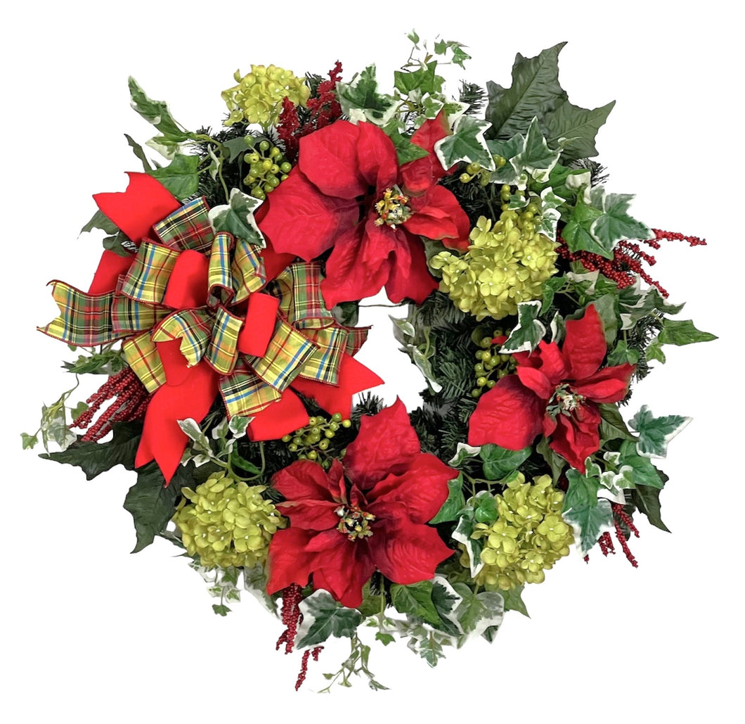 Red Poinsettia and Green Hydrangea Silk Floral Christmas Wreath/HOL138 - April's Garden