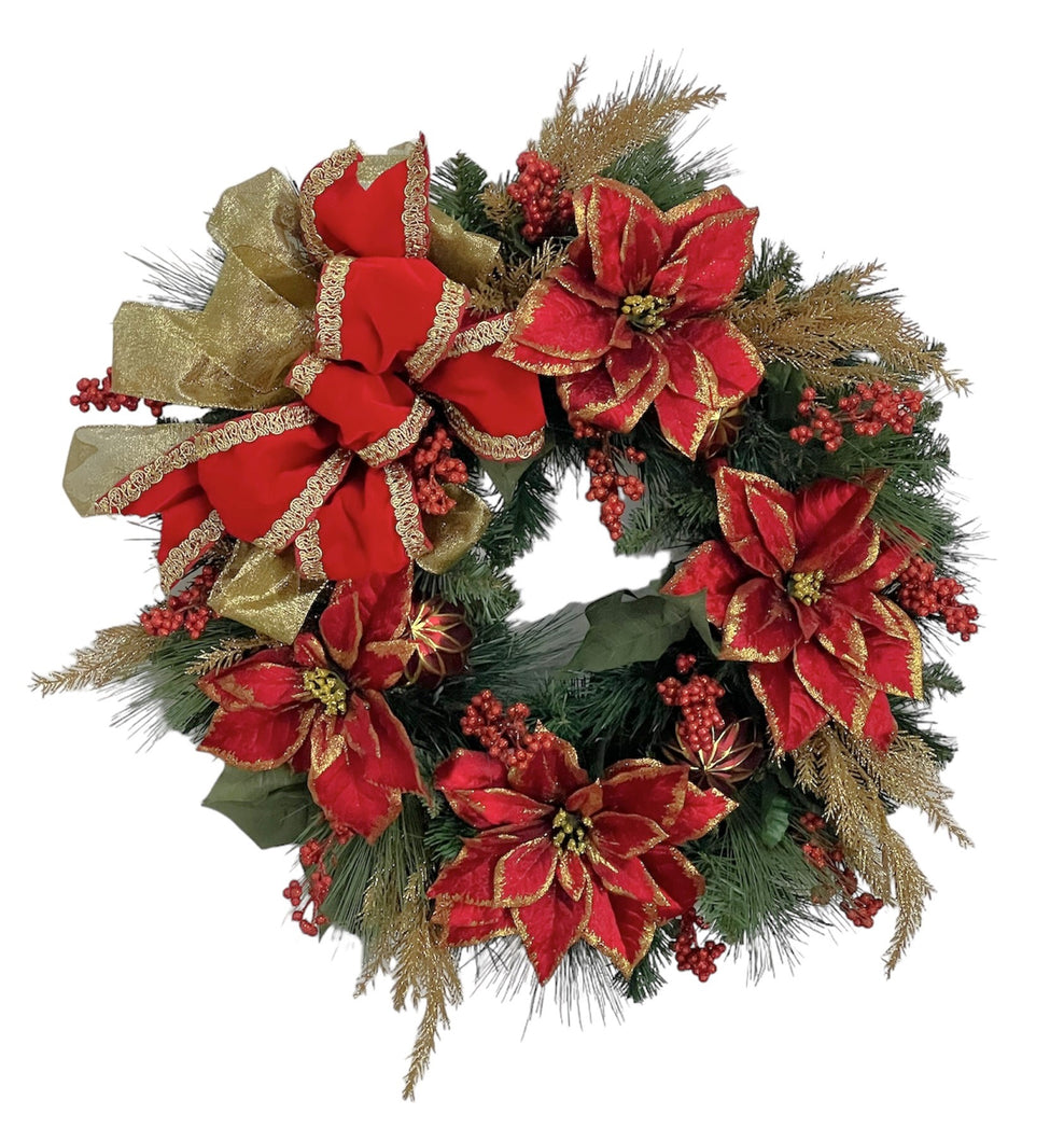 Red Gold Glitter Poinsettia Wreath/HOL162 - April's Garden