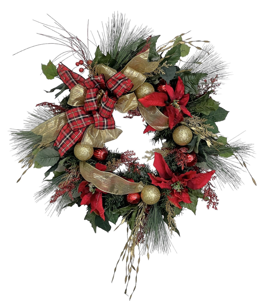 Red Poinsettia with Plaid and Gold Ribbon/HOL174 - April's Garden