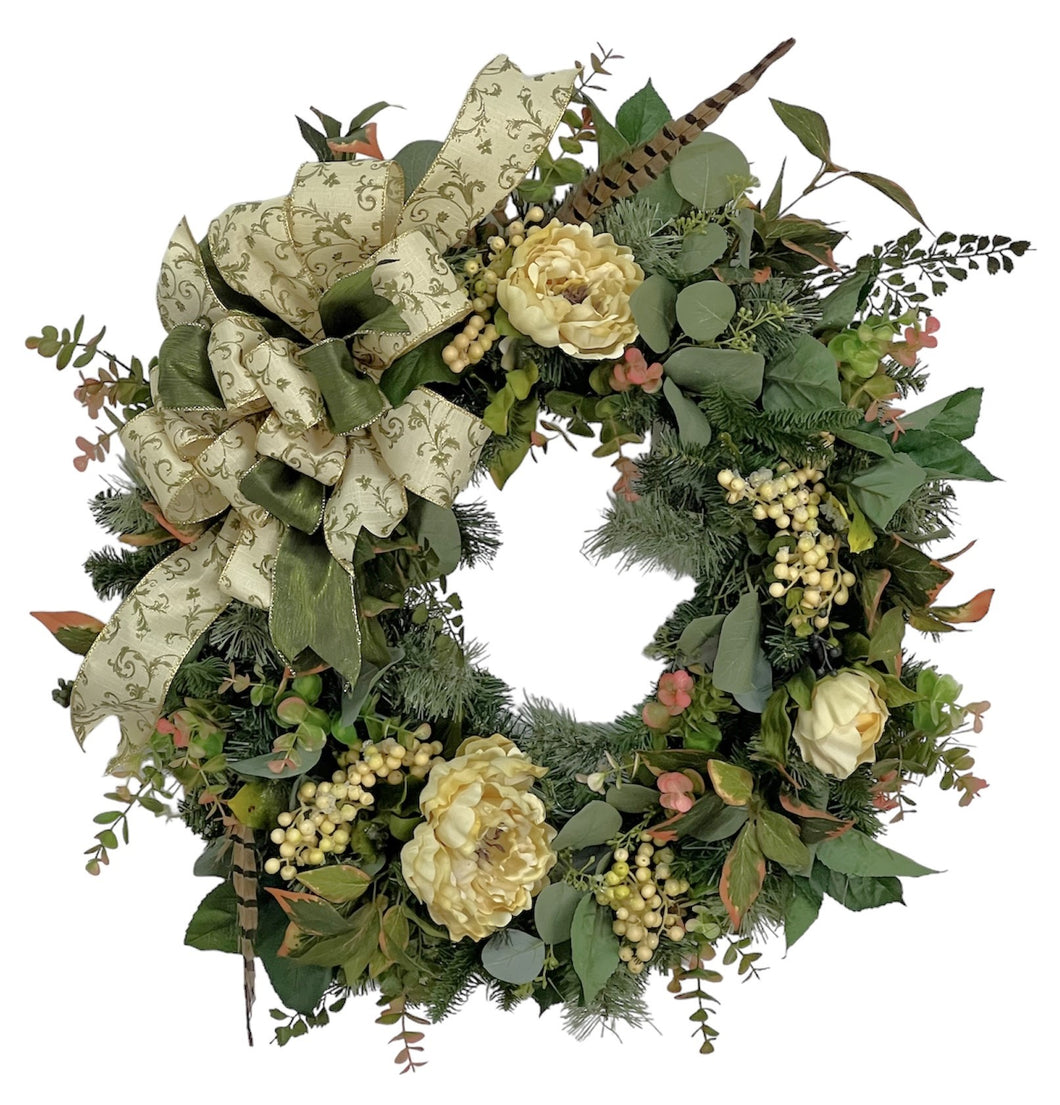 Cream Peony with Eucalyptus Silk Floral Winter Transitional Wreath/TRANS147 - April's Garden