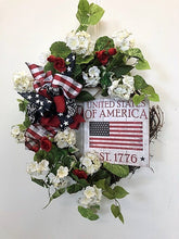 Red, White and Navy Silk Floral Americana Wreath with USA Plaque/AMC42 - April's Garden Wreath