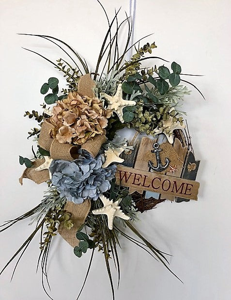 Blue and Beige Silk Floral Beach Inspired Hydrangea Wreath w. Welcome Plaque/AV18 - April's Garden Wreath