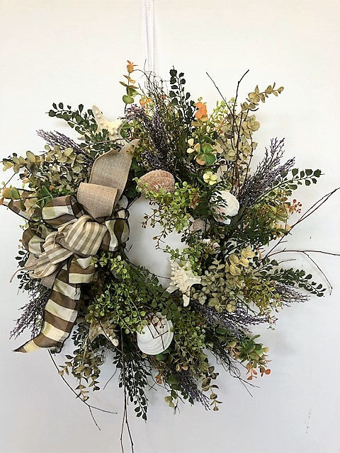 Beach Inspired Silk Floral Wreath with Sea Shells/AV19 - April's Garden Wreath