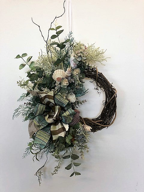 Blue Green Silk Floral Beach Inspired Crescent Wreath/AV20 - April's Garden Wreath