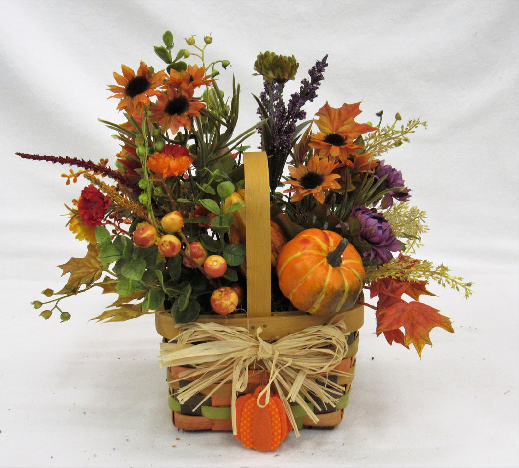 Orange Sunflower and Pumpkin Fall Silk Floral Arrangement in Mini Fall Basket/BH22 - April's Garden Wreath