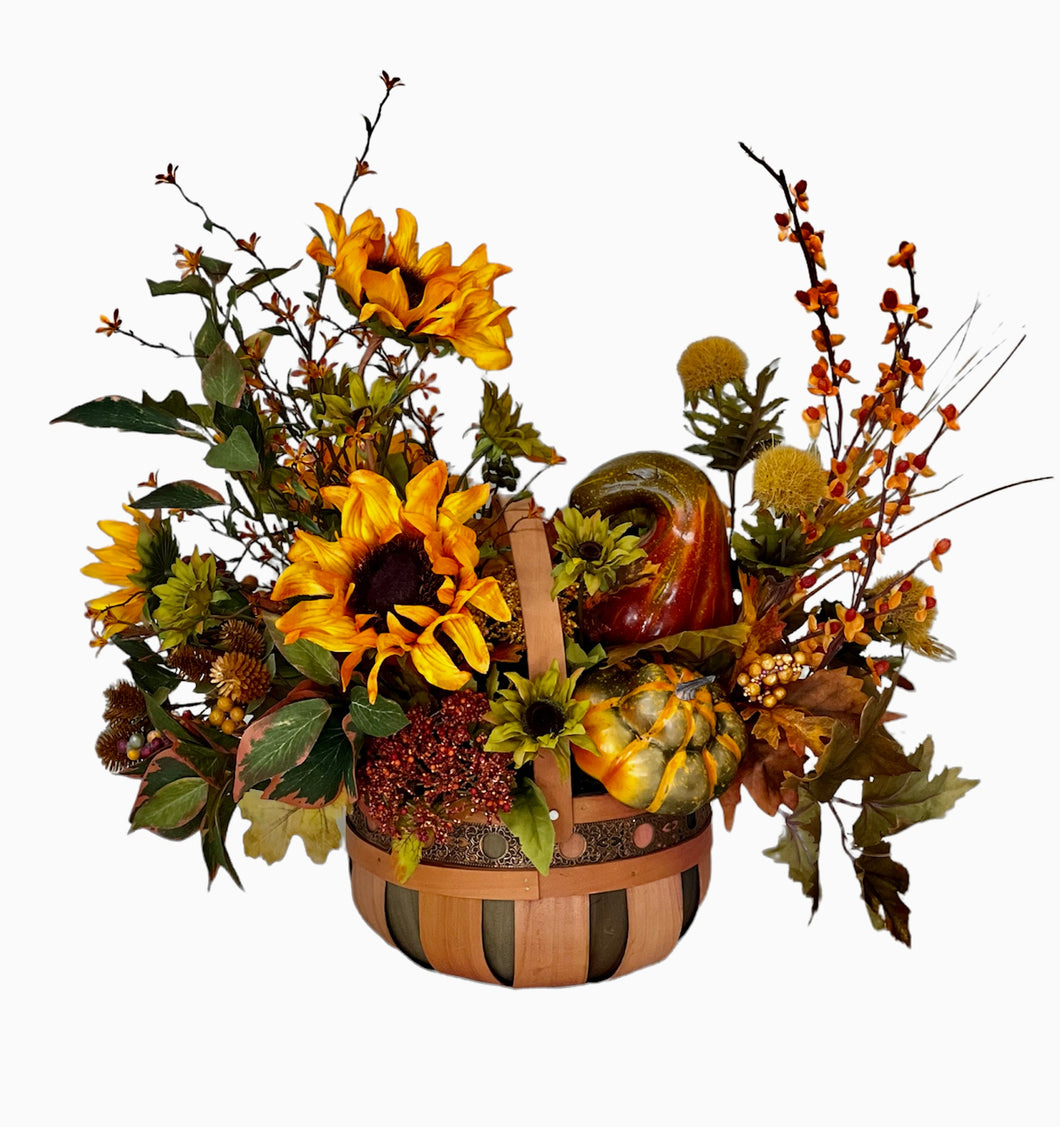 Gold and Green Sunflower Fall Silk Floral Basket Arrangement/FAA01 - April's Garden