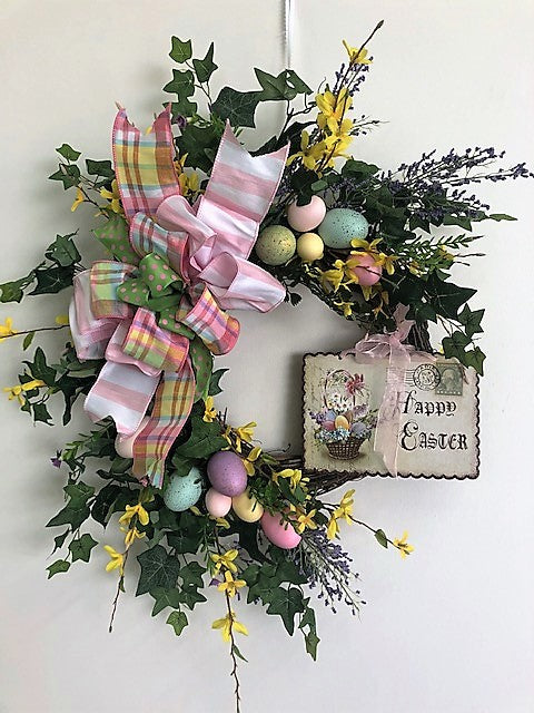 Yellow, Purple and Pink Silk Floral Easter Wreath with Plaque and Pastel Eggs/Eng246 - April's Garden