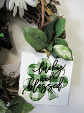 Green and White Silk Floral St. Patricks Crescent Front Door Wreath with Plaque/Eng153 - April's Garden Wreath