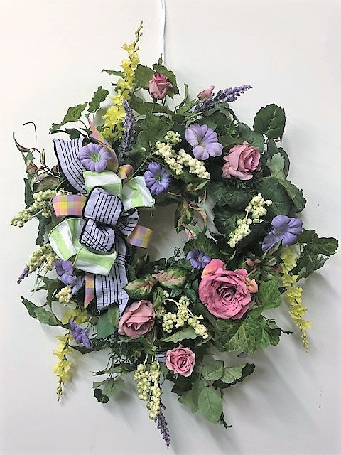 Mauve, Lavender and Yellow Silk Floral Spring Rose Wreath/ENG16 - April's Garden Wreath