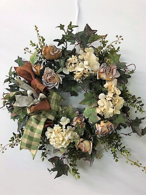 Hydrangea and Rose Silk Floral Spring Petite Wreath/Eng194 - April's Garden Wreath