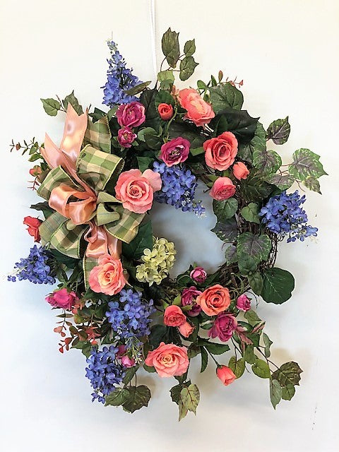 Coral, Pink and Periwinkle Silk Floral Spring Summer Crescent Wreath/Eng211 - April's Garden Wreath