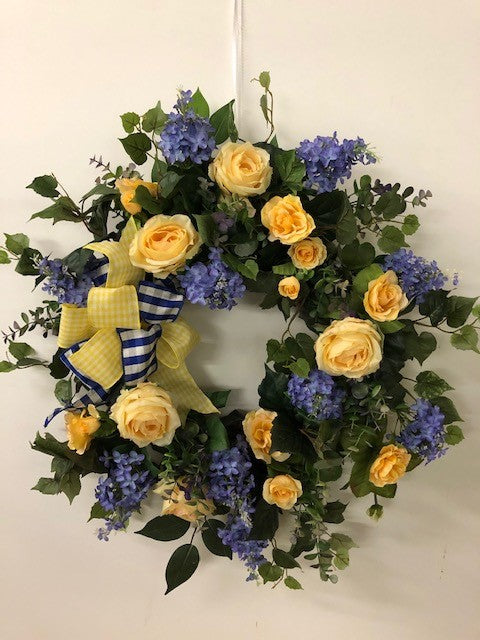 Yellow and Blue Silk Floral Spring Wreath/Eng222 - April's Garden Wreath