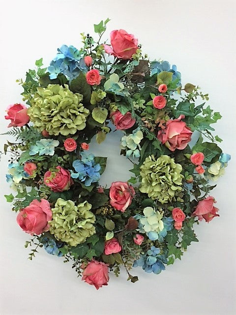 Watermelon, Teal and Olive Hydrangea Silk Floral Spring Wreath/Eng22 - April's Garden
