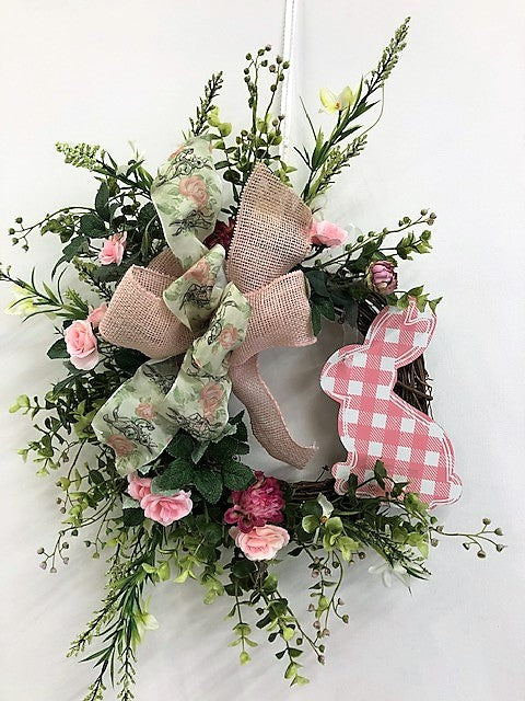 Pink Silk Floral Petite Easter Front Door Wreath with Bunny Plaque/Eng278 - April's Garden