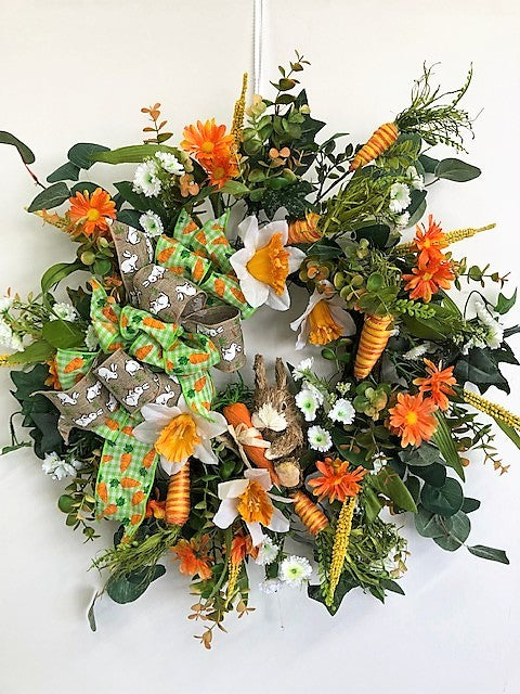 White and Orange Silk Floral Easter Wreath with Straw Bunny/Eng284 - April's Garden