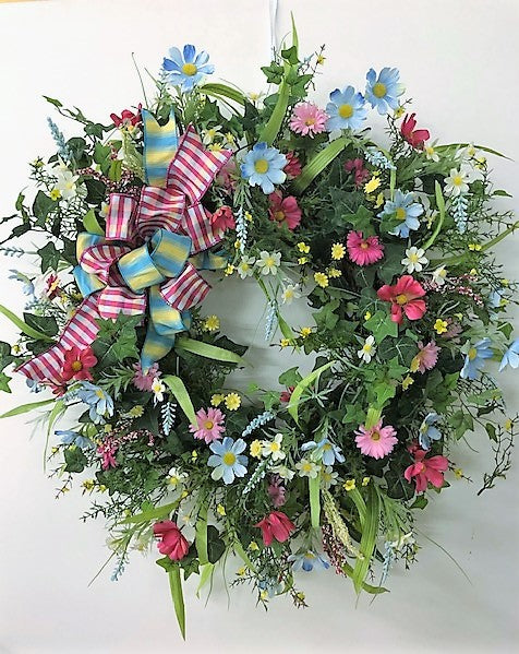 Blue, Dark Pink and Yellow Large Spring Wreath/Eng29 - April's Garden