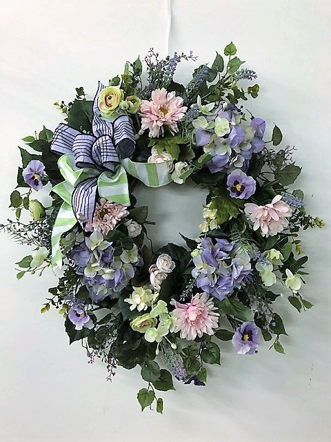 Pink Gerber Daisy and Lavender Hydrangea Silk Floral Spring Wreath/Eng39 - April's Garden Wreath