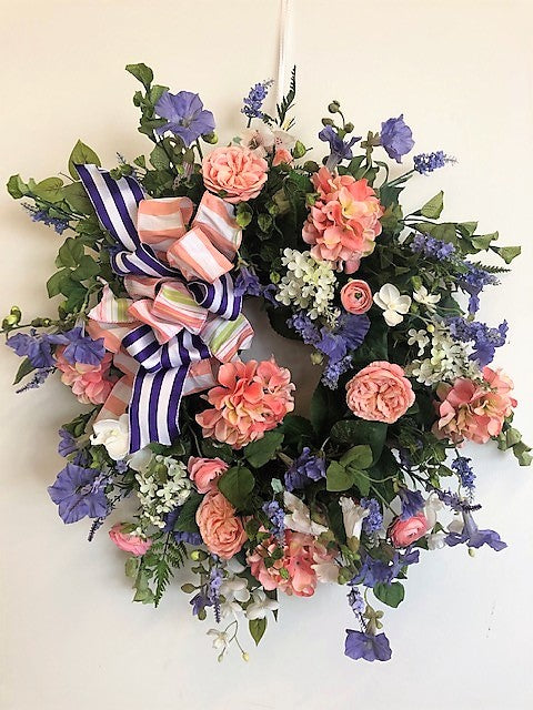 Coral and Lavender Silk Floral Spring Summer Hydrangea Wreath/ENG84 - April's Garden