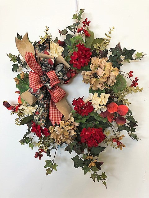 Taupe, Cream and Red Silk Floral Everyday Farmhouse Wreath/FH20 - April's Garden Wreath