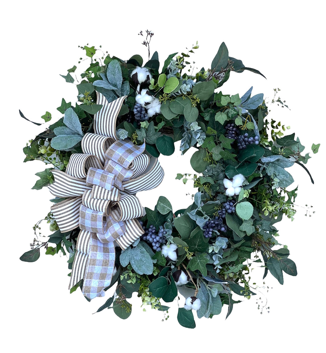 Eucalyptus Silk Floral Farmhouse Wreath with Cotton and Blueberries/FH29