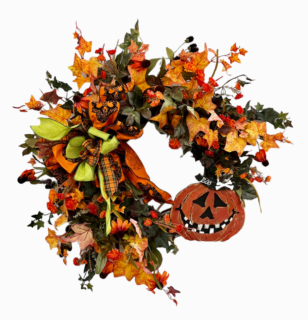 Orange and Black Silk Floral Large Crescent Halloween Front Door Wreath/HAL16 - April's Garden