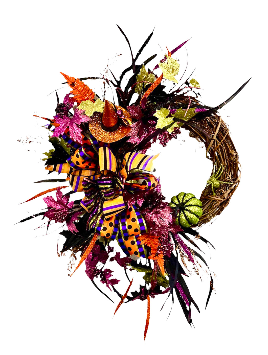 Shimmery Purple, Orange and Green Halloween Silk Floral Wreath/Hal17 - April's Garden