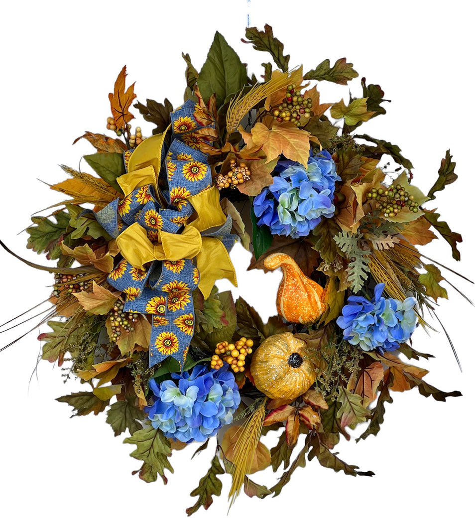 Blue and Gold Silk Floral Fall Hydrangea Wreath with Pumpkins/Harv183 - April's Garden