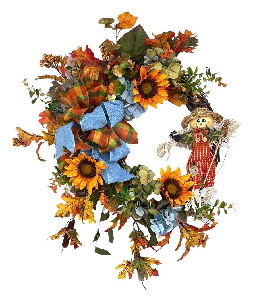 Gold Sunflower, Blue and Green Hydrangea Silk Floral Wreath with Scarecrow/Harv228 - April's Garden