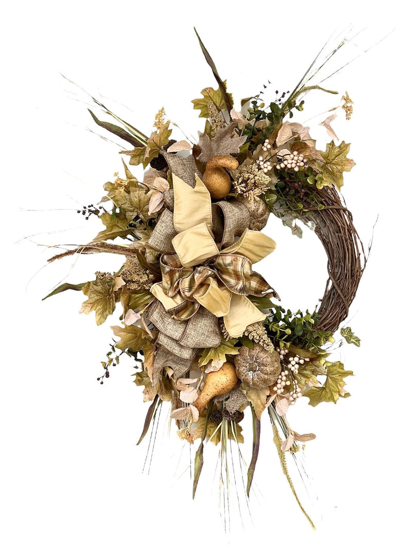 Sage and Cream Silk Floral Fall Autumn Wreath with Pumpkin/Harv232