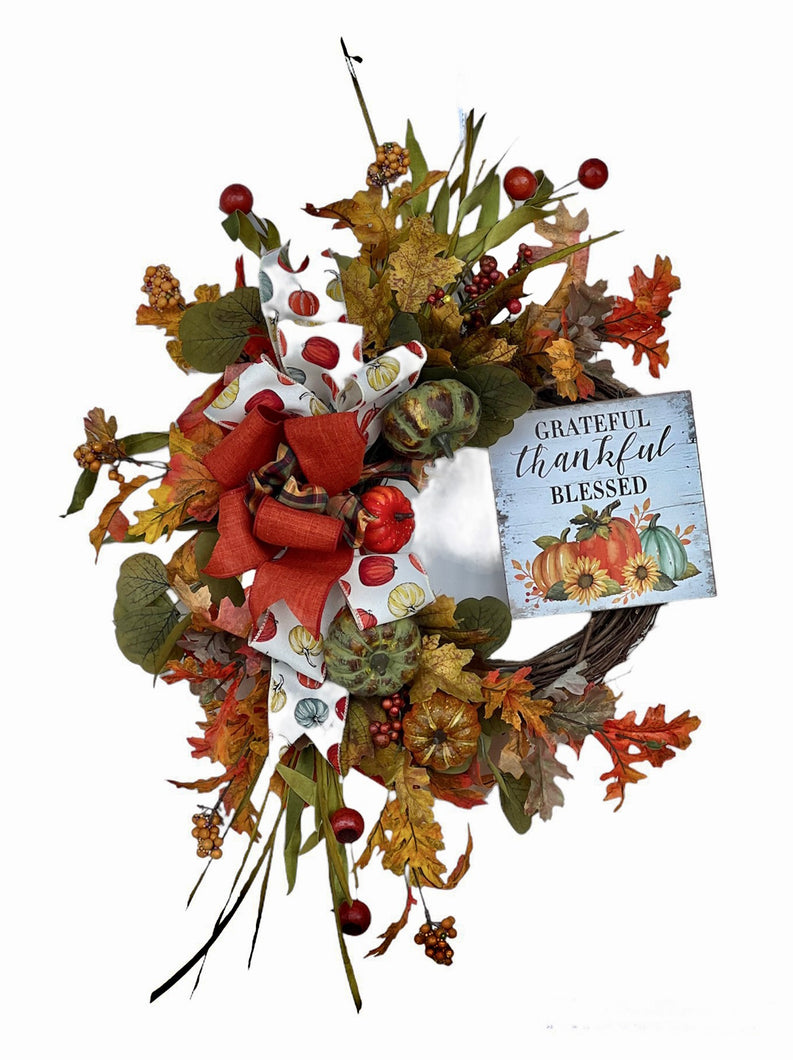 Orange and Green Silk Floral Fall Wreath with Fall Thankful Plaque/Harv233
