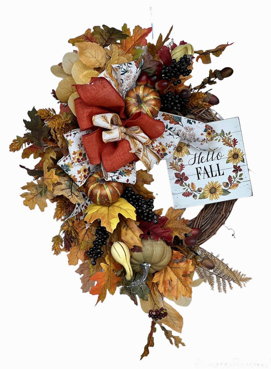 Orange and Green Silk Floral Fall Crescent Wreath with Fall Plaque/Harv234