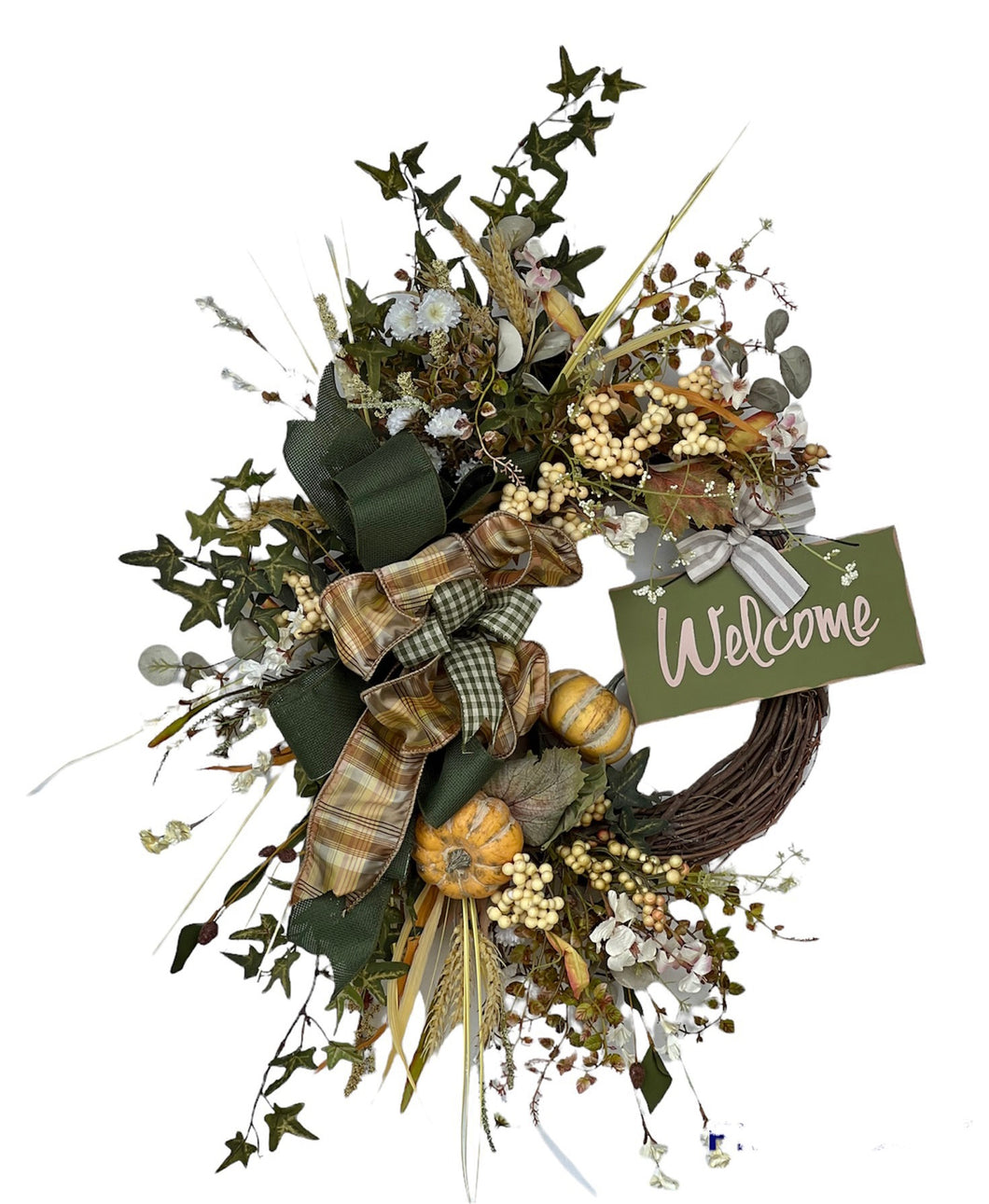 Cream, Green and Light Gold Silk Floral Fall Wreath with Welcome Plaque/Harv239