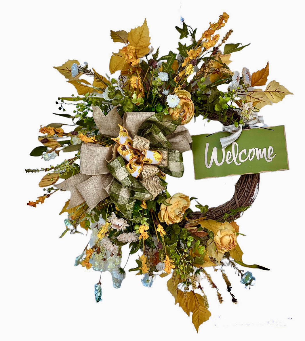 Gold and Light Green Silk Floral Fall Wreath with Welcome Plaque/Harv240