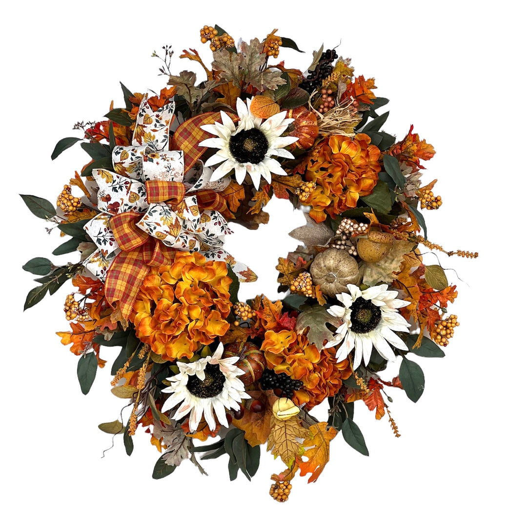 Orange Hydrangea and Cream Sunflower Silk Floral Fall Wreath/HARV247 - April's Garden