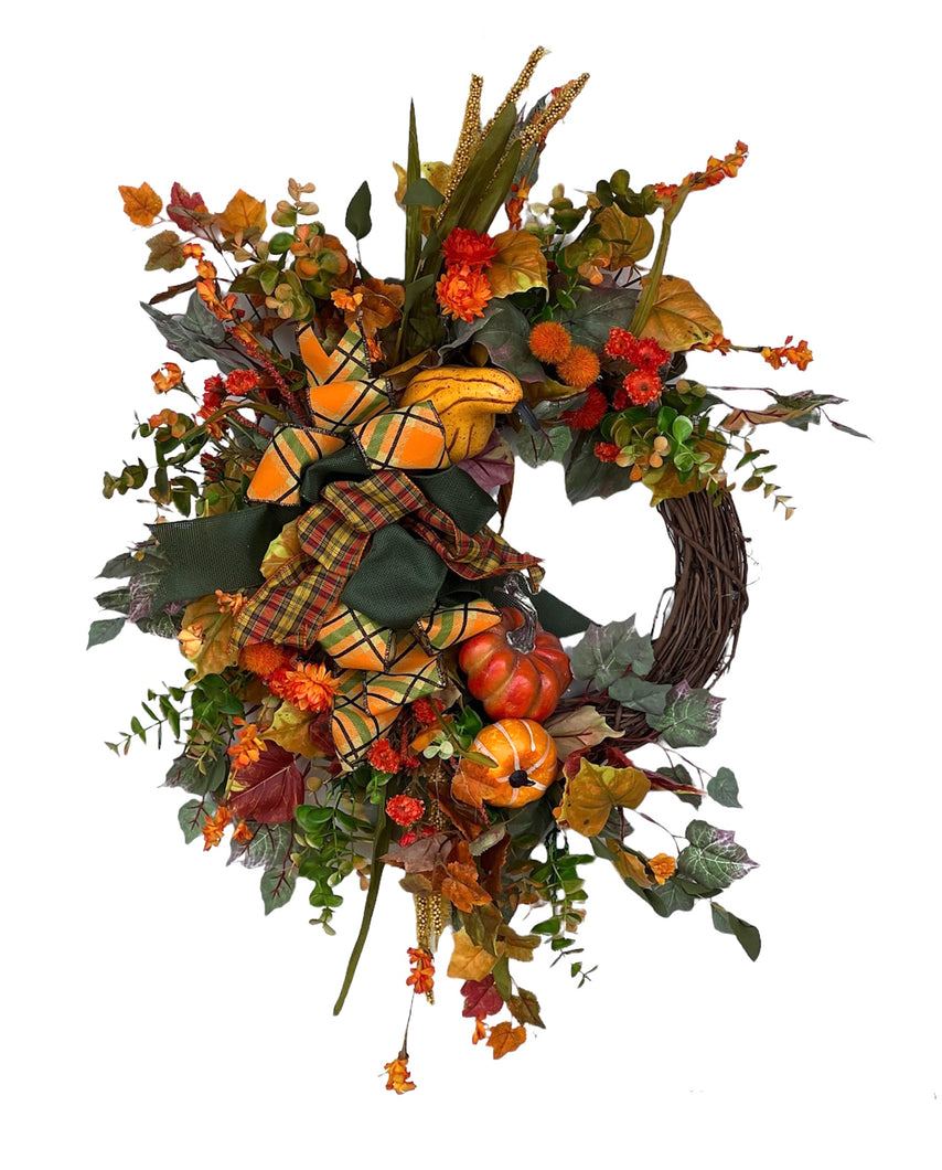 Orange and Green Silk Floral Fall Crescent Front Door Wreath with Pumpkins/HARV248