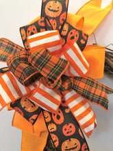 Orange and Black Halloween Bow with Jack O lantern Print for Wreaths, Doors and Home Decor/HLB09