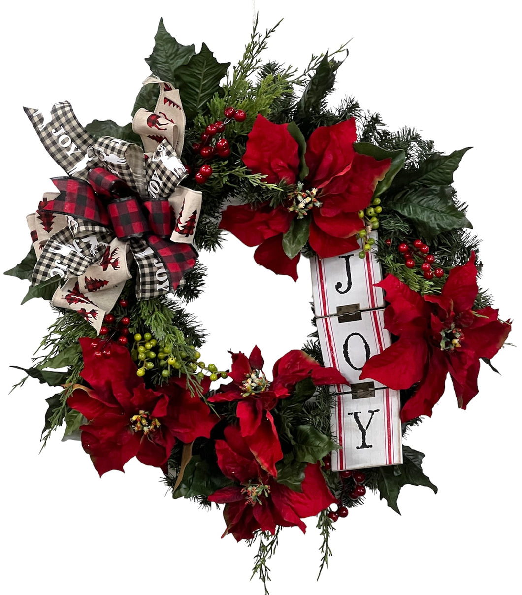 Red Poinsettia Silk Floral Christmas Wreath with White Joy Plaque/HOL150 - April's Garden