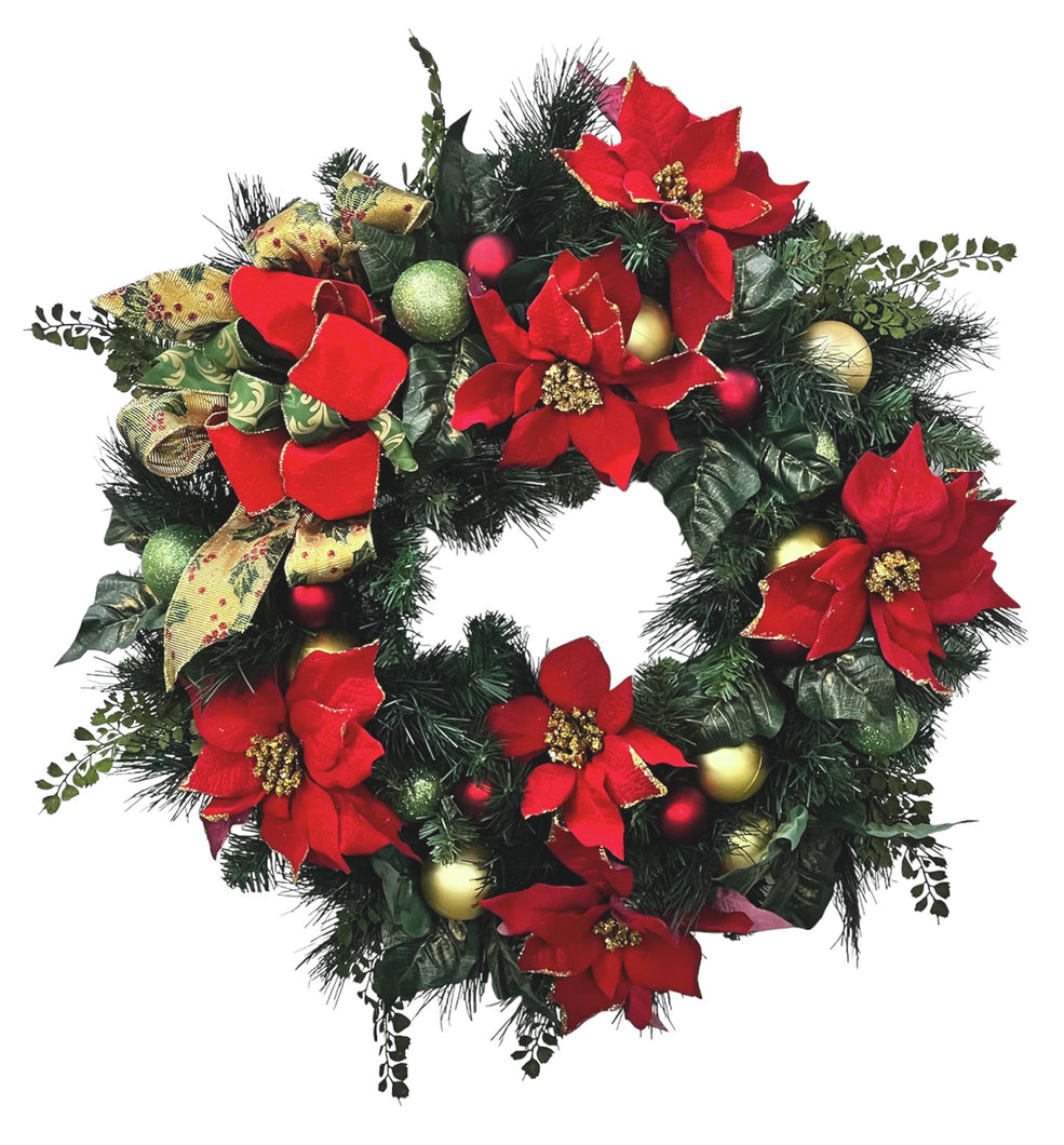 Red Poinsettia Silk Floral Christmas Winter Wreath with Ornaments/Hol158 - April's Garden