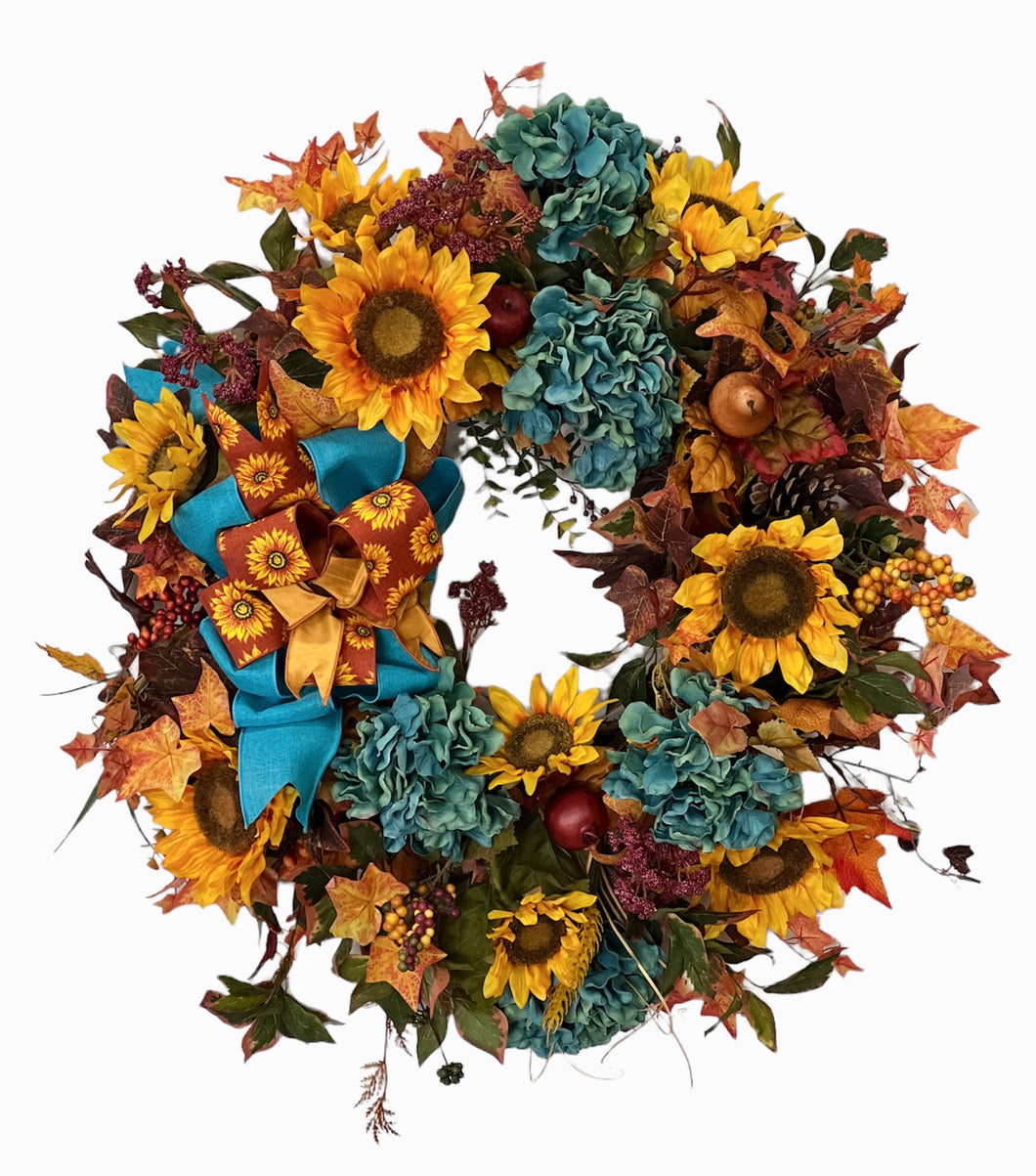 Teal Hydrangea with Gold Sunflowers Fall Silk Floral Wreath/HARV179