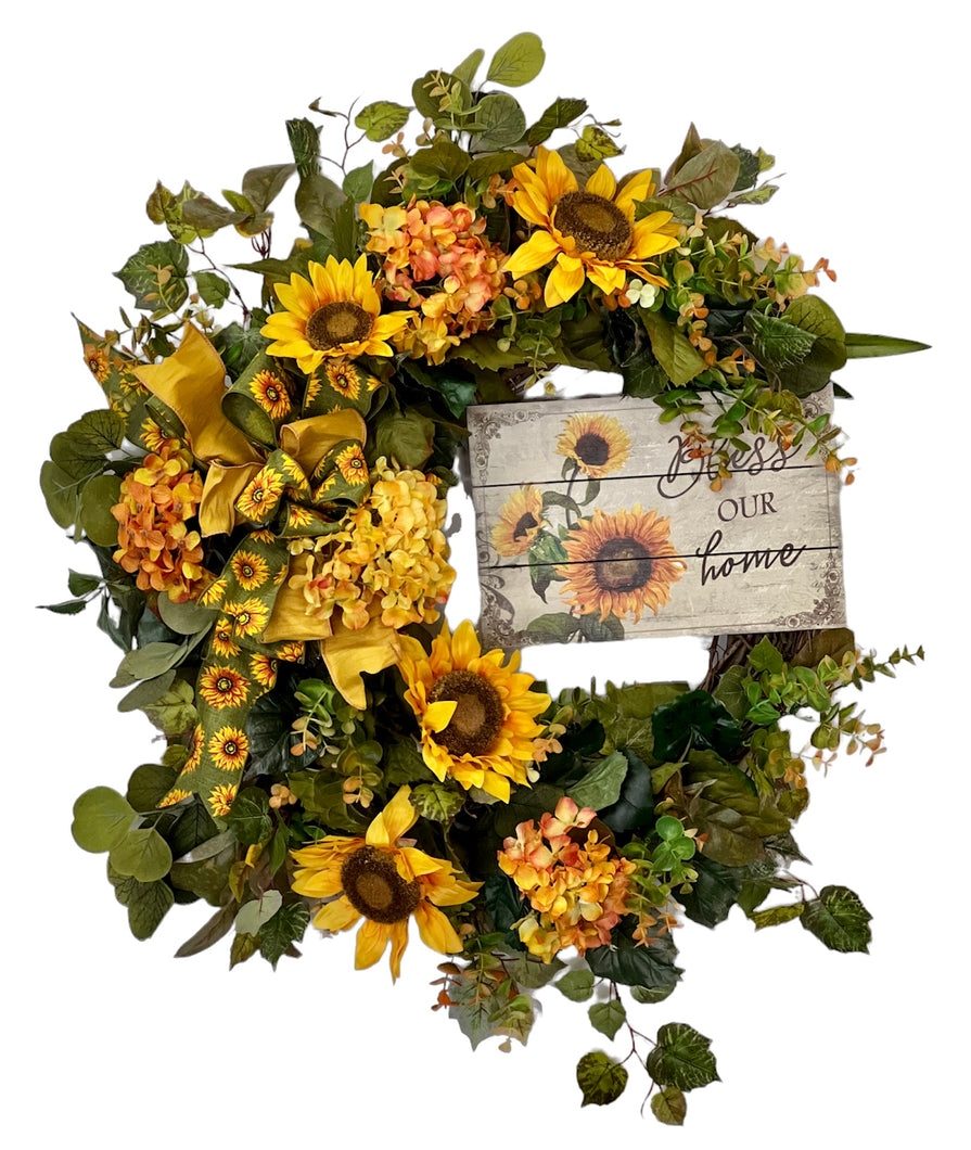 Gold Sunflower and Hydrangea Silk Floral Fall Wreath with Plaque/Harv210 - April's Garden